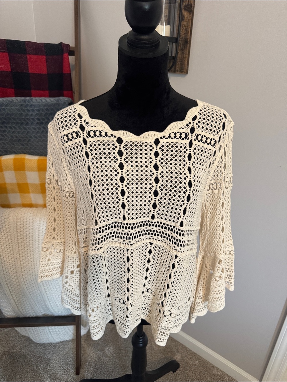 Lightweight Ivory Crochet Tunic Sweater — Women's Openwork Pullover